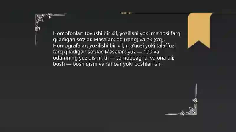 Omonimlar, sinonimlar (ma’nodosh so‘zlar), antonimlar, paronimlar. 4