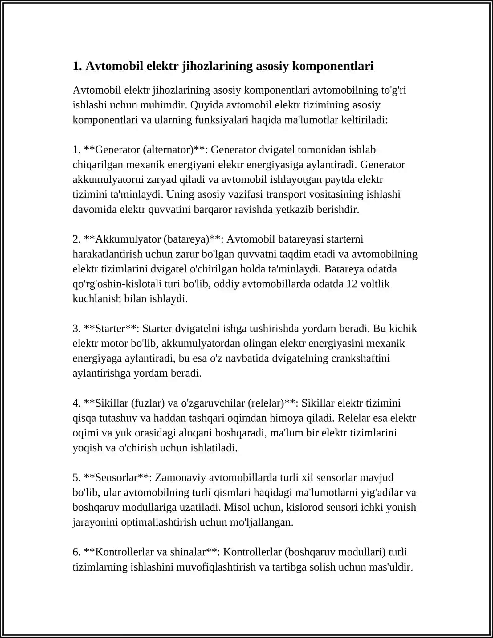 AVTOMOBIL ELEKTR JIHOZLARINING ALOHIDA FUNKSIONAL TIZIMLARI, ULARNING VAZIFALARI. AVTOMOBIL ELEKTR JIHOZLARINING UMUMIY SXEMASIDA ASBOBLARNING ULANISHINING O'ZIGA XOS TOMONLARI 4