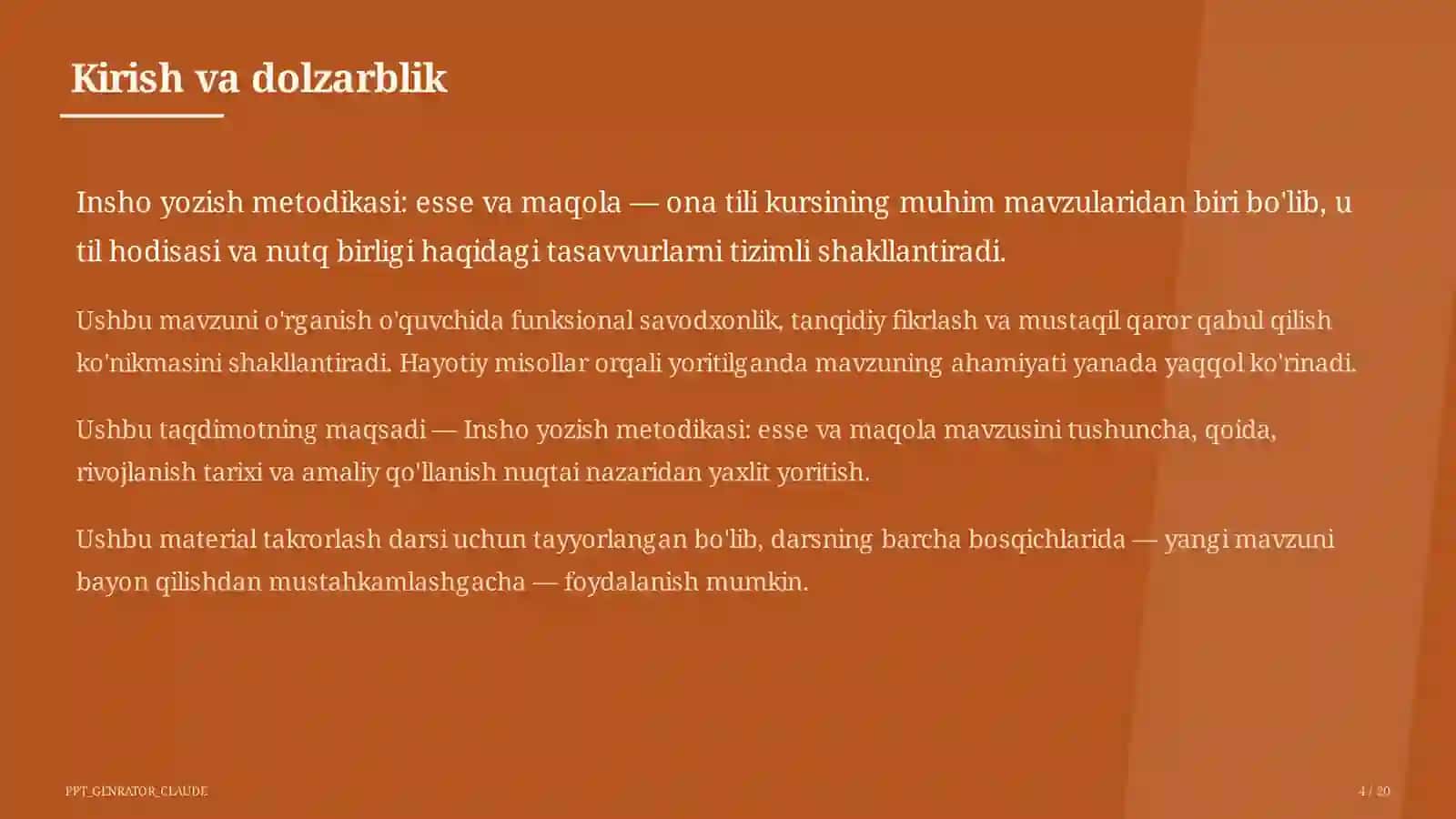 Insho yozish metodikasi: esse va maqola (11-sinf) Ona tili (5– 11) — takrorlash darsi uchun 4