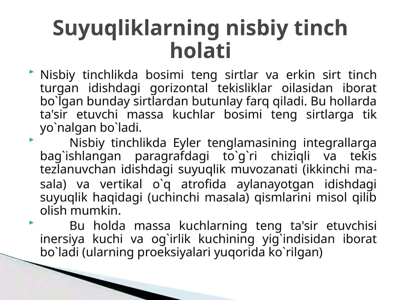 Suyuqliklarning nisbiy tinch holati. Filtiratsiya nazariyasi ta’rifi va qonunlari 4