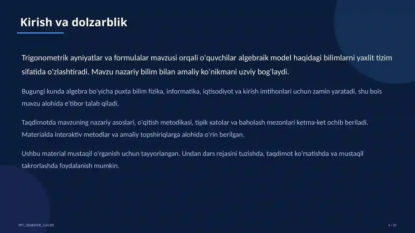 Trigonometrik ayniyatlar va formulalar (10-sinf) 4