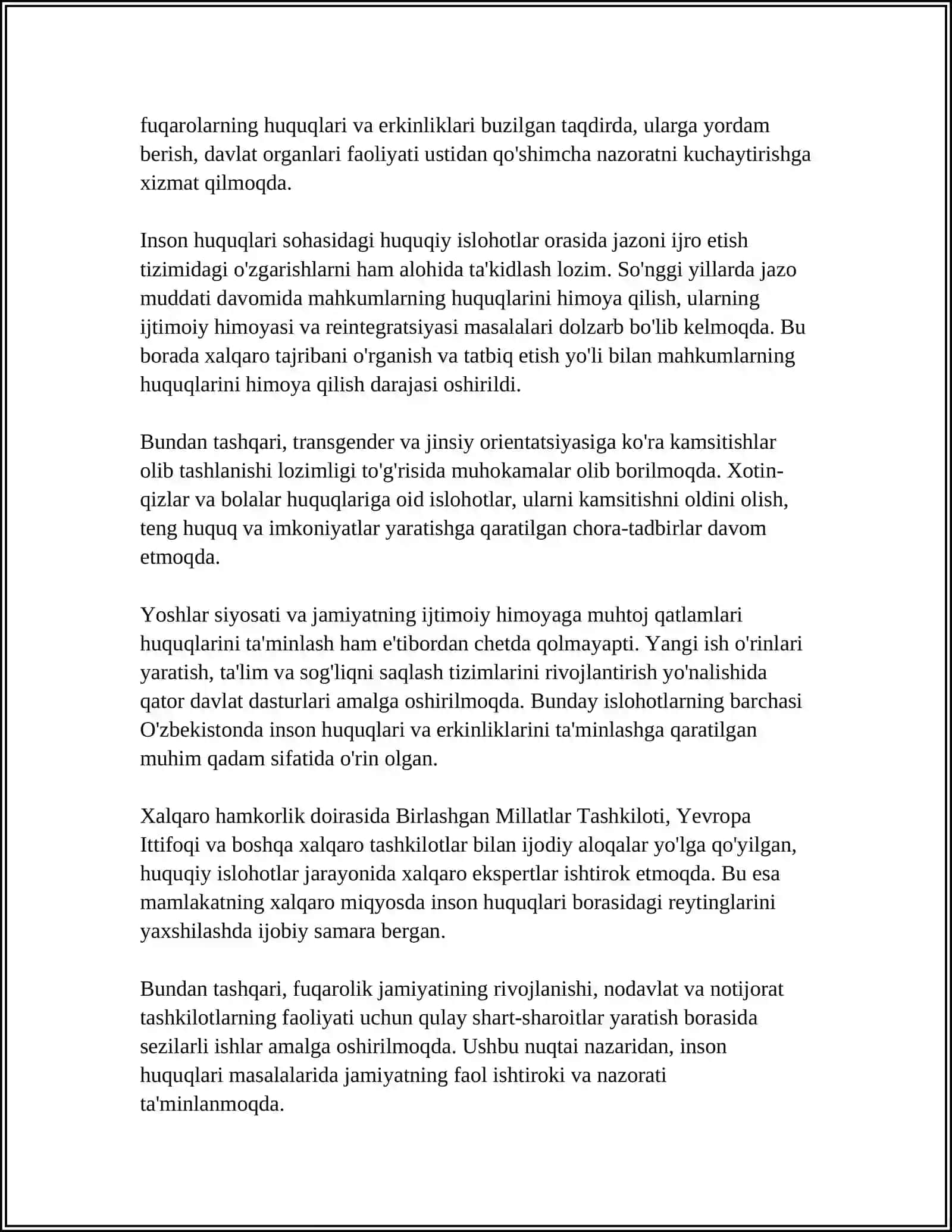 YANGI UZBEKISTONDA INSON HAQ HUQUQLARI VA ERKINLIKLARI KAFOLATING YARATILISHI 4