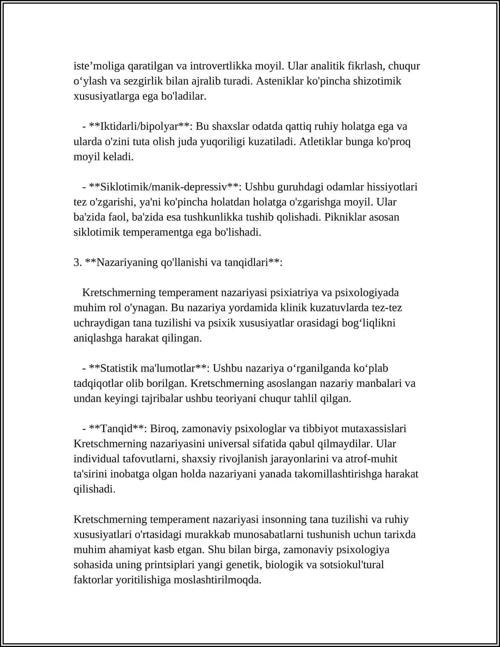 KRECHMERNING "TEMPERAMENT" NAZARIYASI. TEMPERAMENTNI O'RGANGAN OLIMLAR. XARAKTER SHAKLLANISHIDA TA'SIR ETUVCHI OMILLAR 4