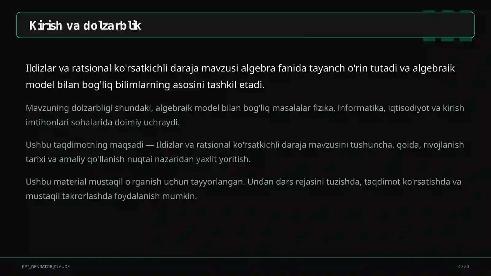 Ildizlar va ratsional ko'rsatkichli daraja (10-sinf) 4
