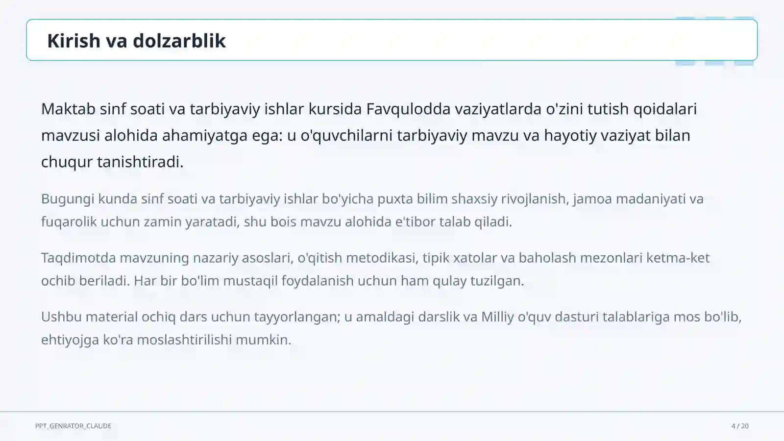 Sinf soati va tarbiyaviy tadbirlar (1–11) — ochiq dars uchun 4