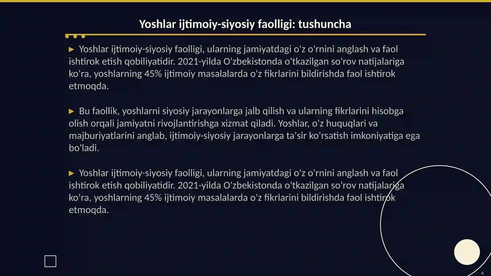 Huquqiy taʼlim-tarbiyaning yoshlar ijtimoiy-siyosiy faolligini yuksaltirishdagi oʻrni 4
