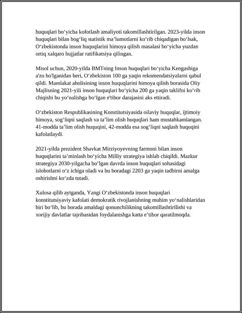 YANGI O‘ZBEKISTONDA INSON HAQ HUQUQLARI VA ERKINLIKLARI KAFOLATLARINING YARATILISHI 4