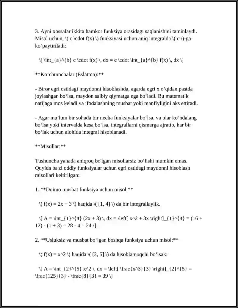 ANIQ INTEGRAL TUSHUNCHASINI TATBIQ QILIB YECHILADIGAN MASALALAR 4