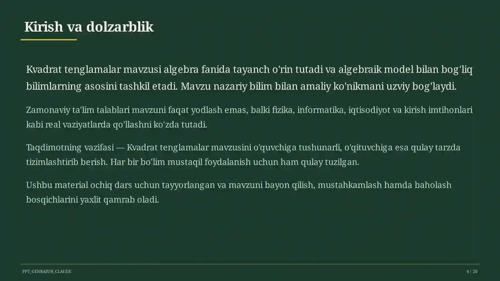 Kvadrat tenglamalar (8-sinf) 4
