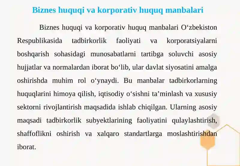 Bizneshuquqi, korporativ huquq manbalar va munosabatlari 4