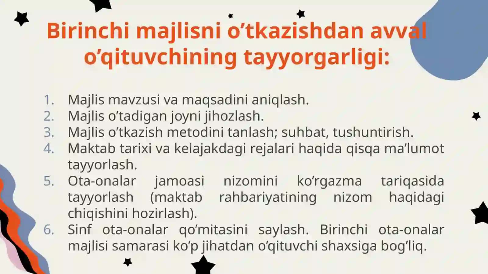 Ota-onalar bilan hamkorlik. Ota-onalar majlisini o’tkazishning tartibi 4
