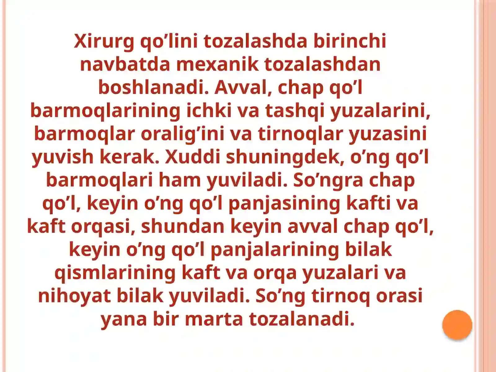 Operatsiyaga tayyorgarlik ko’rish. Xirurg qo’lini Spasokukotskiy Kochergin usulida tozalash 4