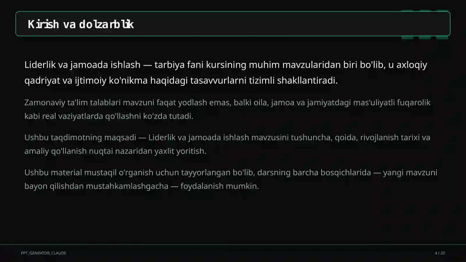 Liderlik va jamoada ishlash (11-sinf) 4