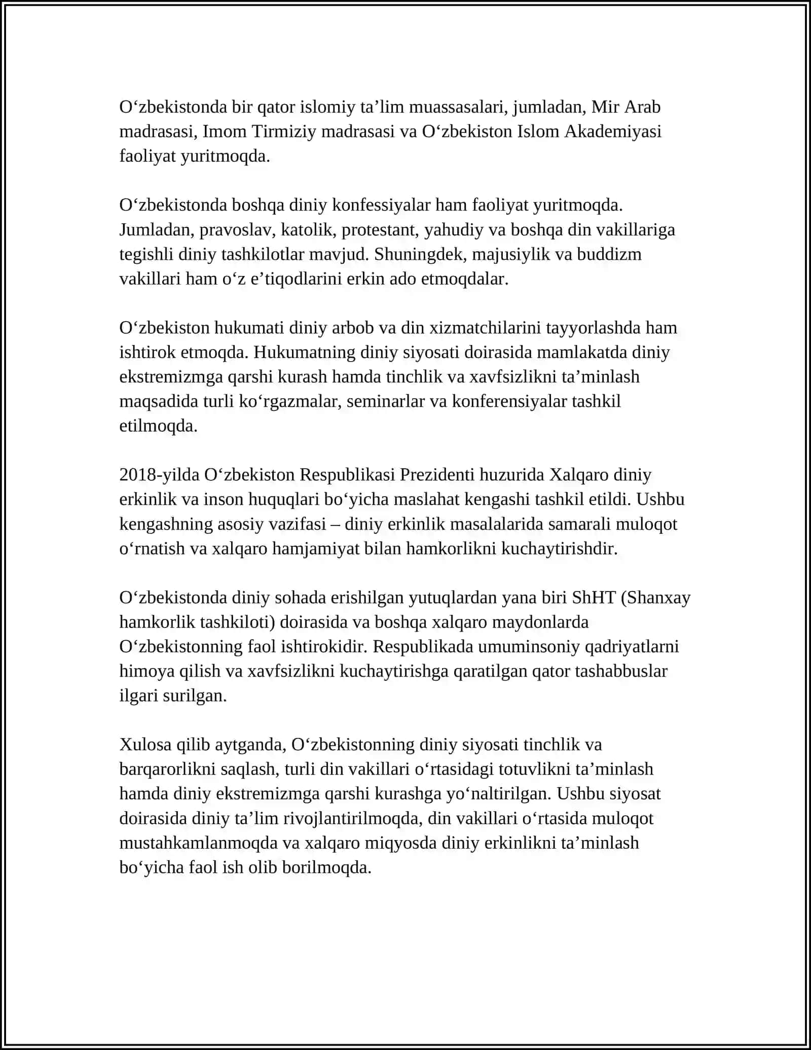 MUSTAQIL ISH Mavzu: ÒZBEKISTONDA MOLLATLARARO VA DINLARARO TOTUVLIKNI TA'MINLASHDA DAVLAT SIYOSATI 4