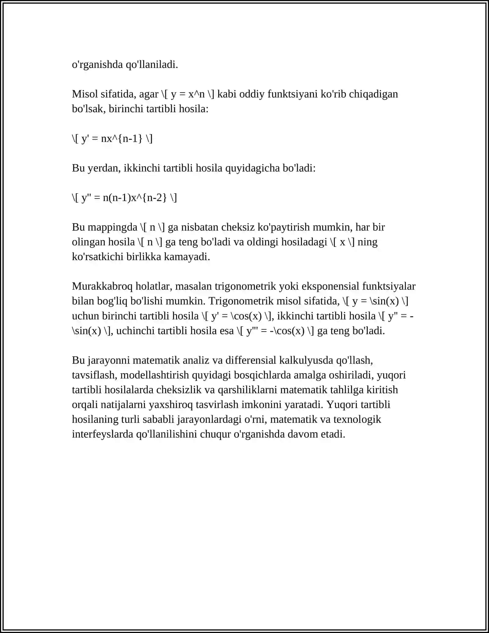YUQORI TARTIBLI HOSILALAR.OSHKORMAS VA PARAMETIRIK KO'RINISHDA BERILGAN FUNKSIYALARNING YUQORI TARTIBLI HOSILALARI 4