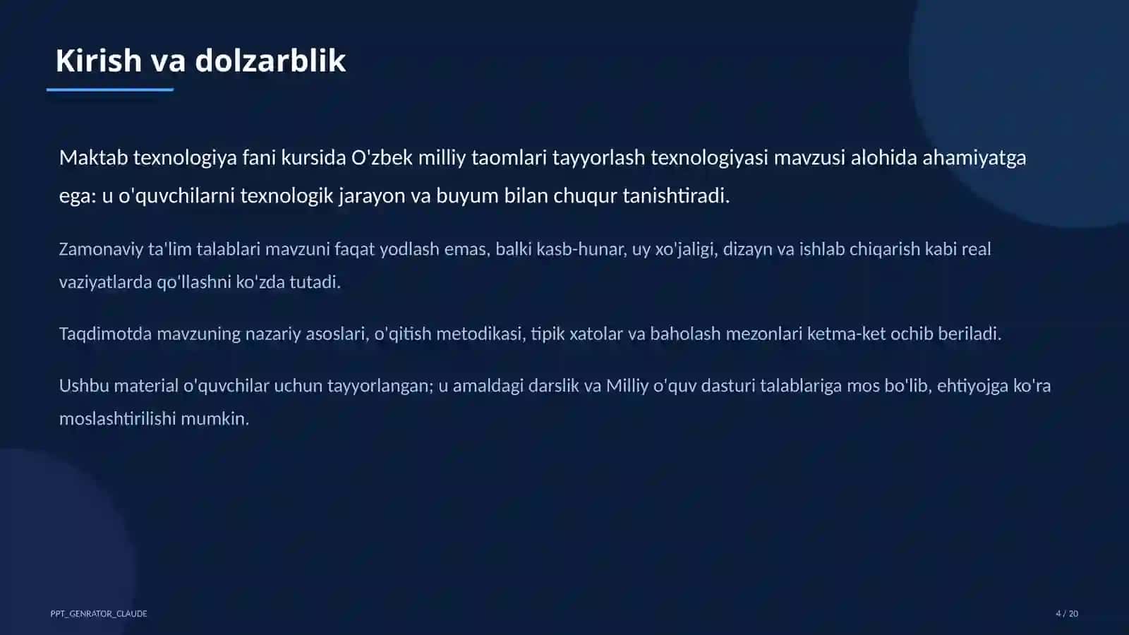 O'zbek milliy taomlari tayyorlash texnologiyasi (6-sinf) 4