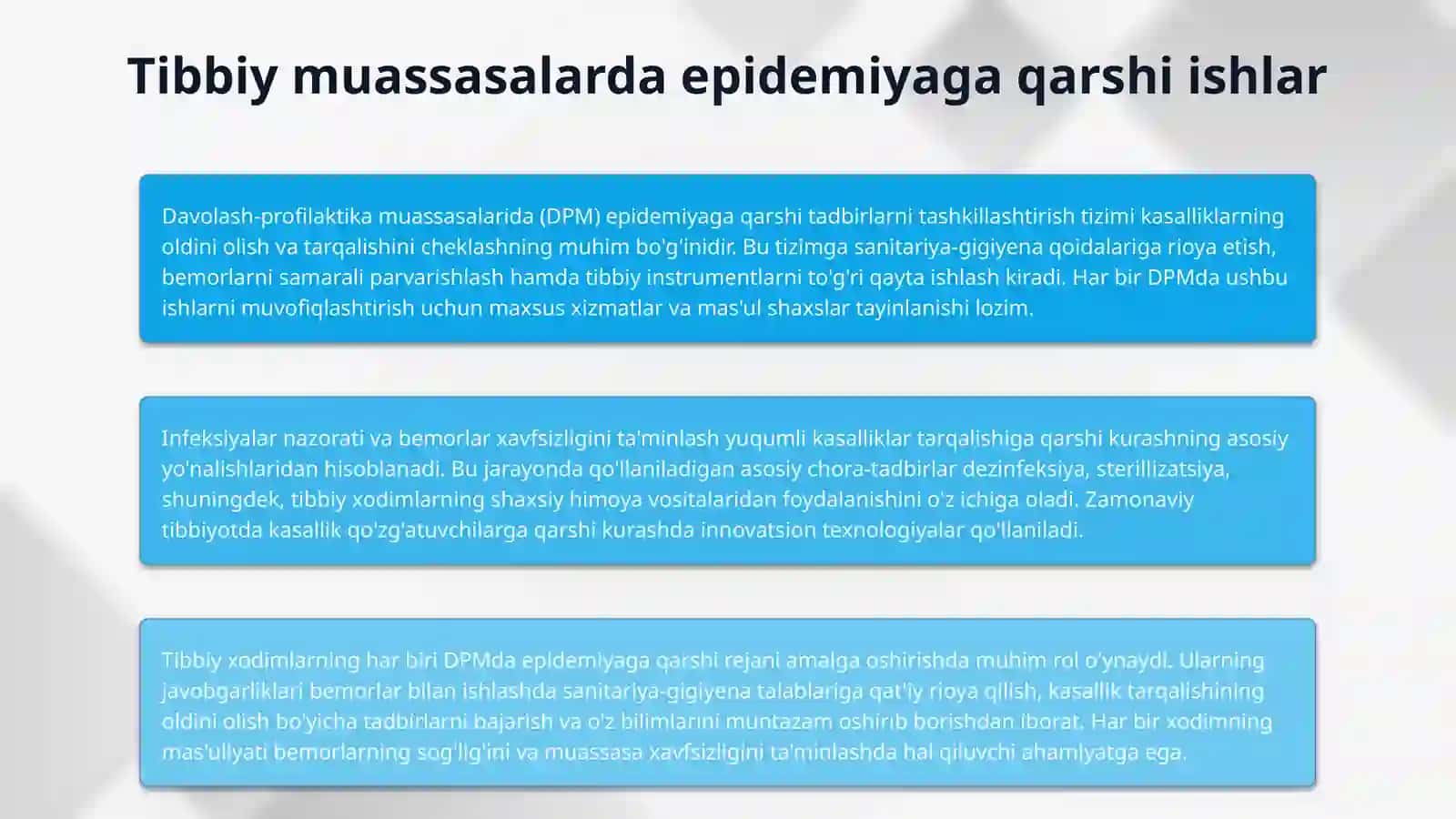 “Yuqumli kasalliklarning profilaktikasi: epidemiyaga qarshi tadbirlar, dezinfeksiya va zamonaviy epidemiologik xususiyatlar” 4