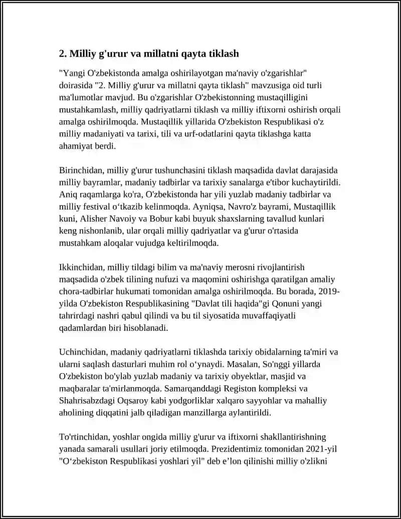 YANGI O'ZBAKISTONDA AMALGA OSHIRILAYOTGAN MA'NAVIY O'ZGARISHLAR 4