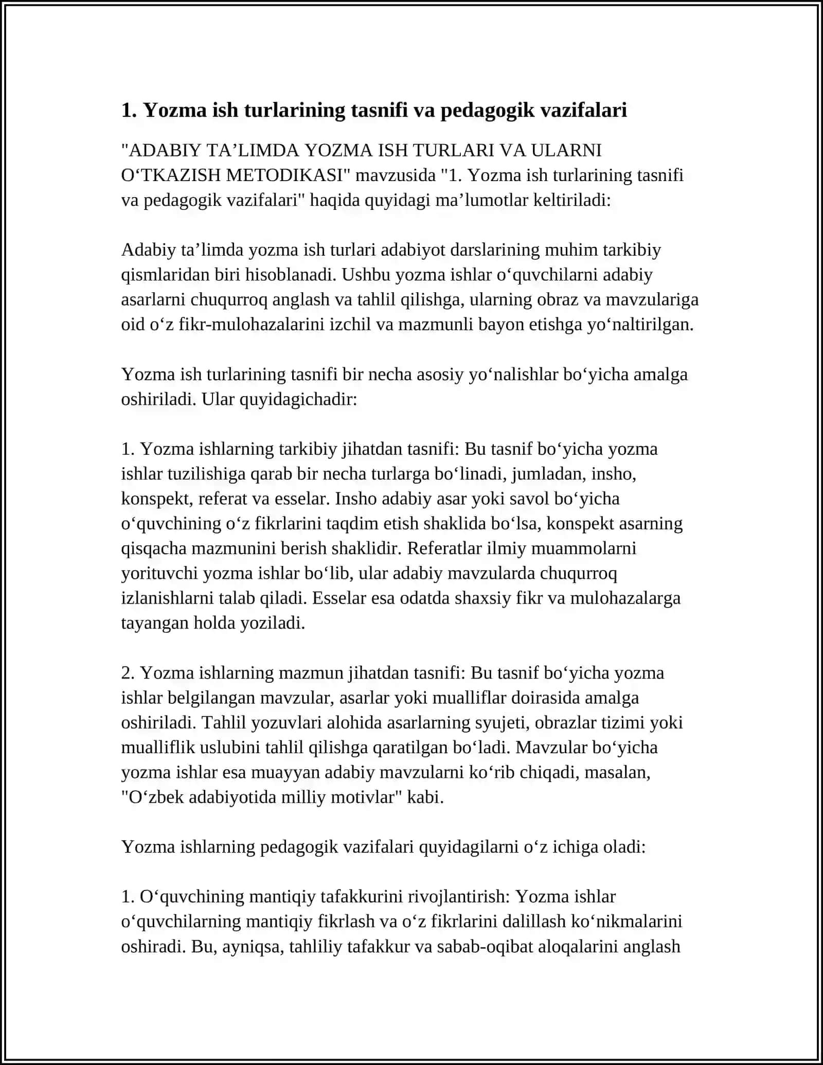 ADABIY TA’LIMDA YOZMA ISH TURLARI VA ULARNI O‘TKAZISH METODIKASI 4