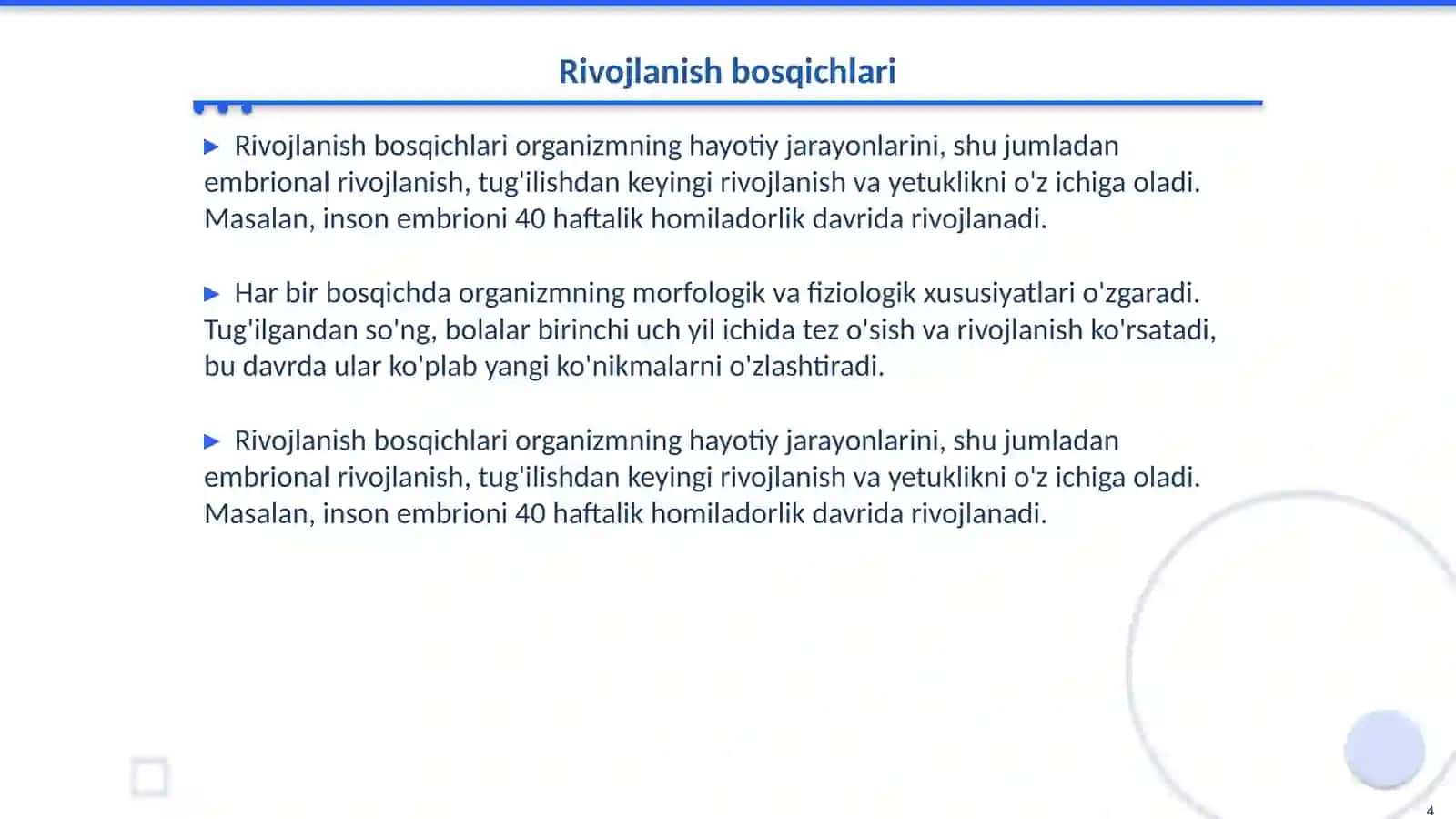 Organizmlarning oʻsishi, rivojlanishi va qarish 4