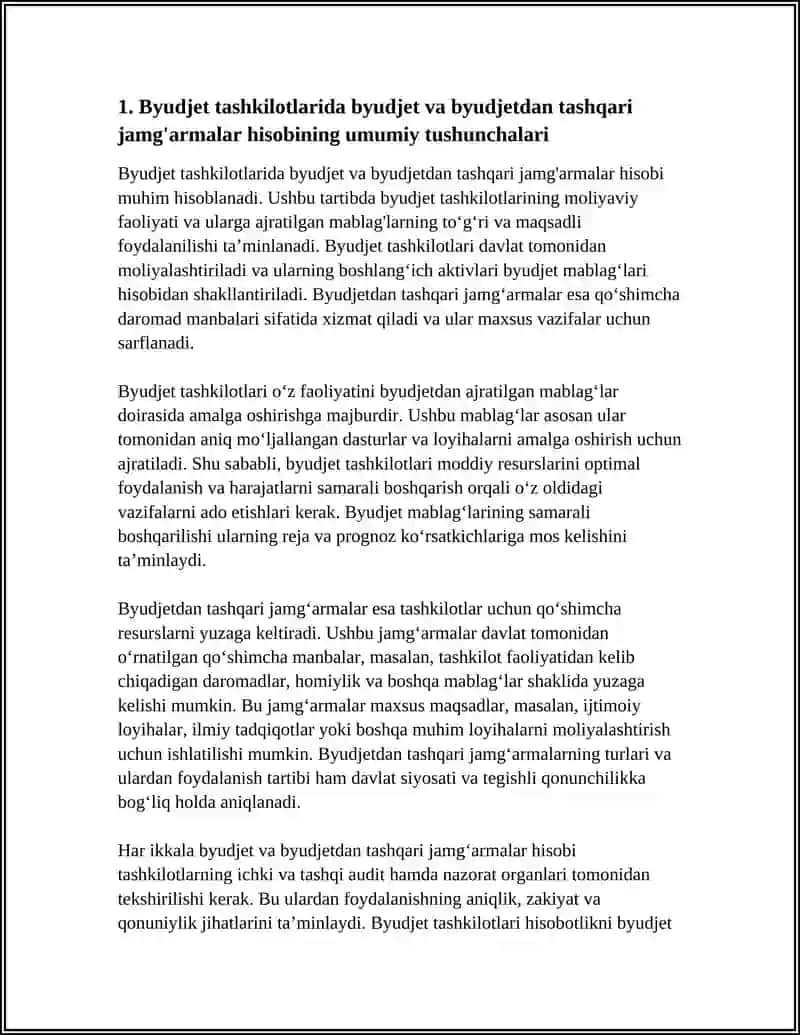 "BUDJET TASHKILOTLARIDA BUDJET VA BUDJETDANTASHQARI JAMGARMALAR BILAN HISOBLASHUVLAR HISOBI" 4