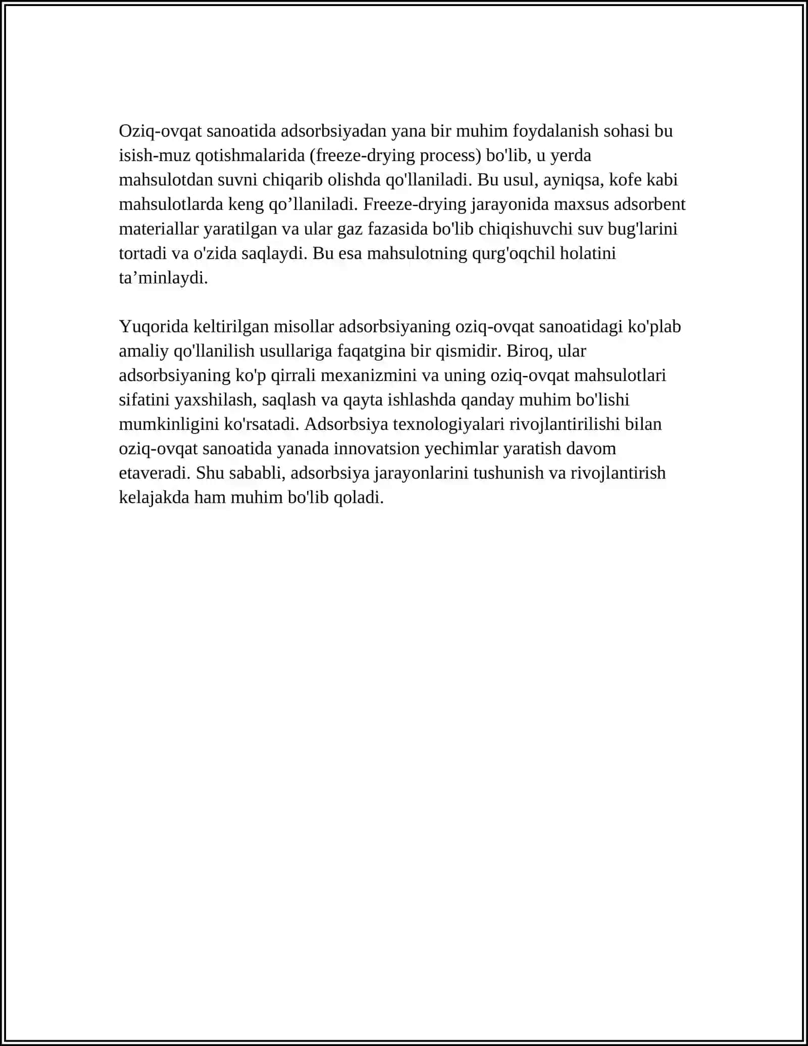 ADSORBSIYANI OZIQ OVQAT VA KIMYO SANOATIDAGI ÒRNI 4