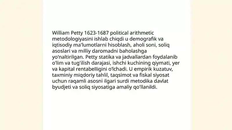B.Petti (1623-1687) Angilya Kalssik iktisodiy talimotining asosi 4