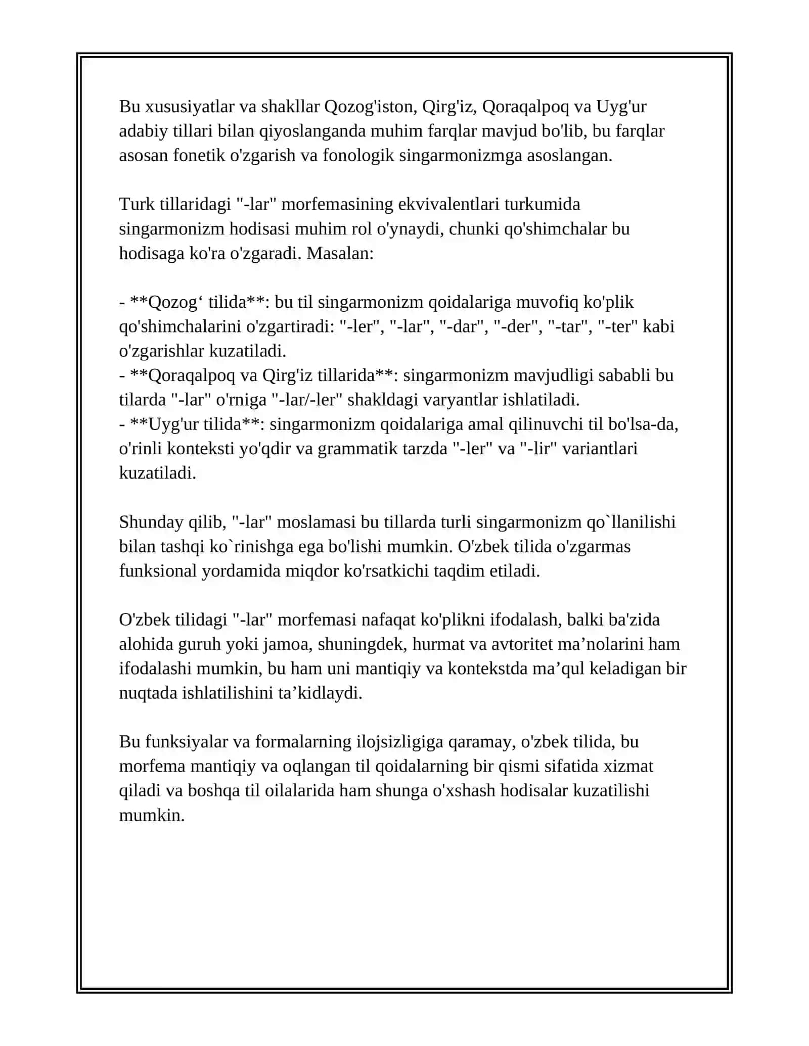 O'zbek Adabiy Tilida -lar Morfemasining Qozoq Qoraqalpoq, Qirg'iz, Uyg'ur Adabiy Tillarida Muvofigilari Va Singarmonistik Variantlari 4