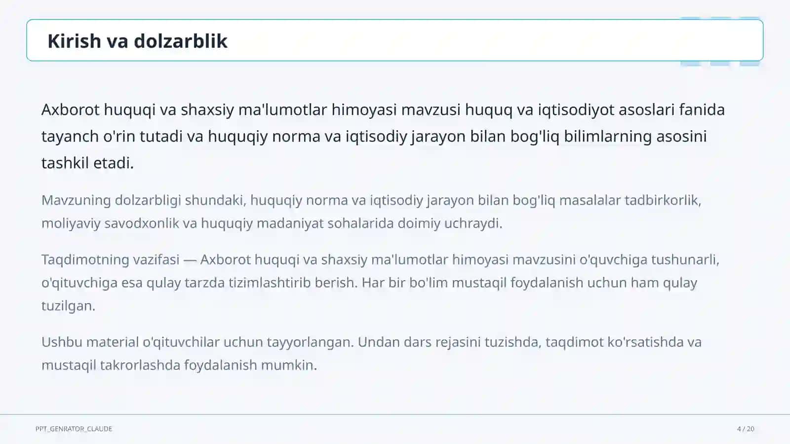 Huquq va iqtisodiyot asoslari (9–11) — o'qituvchilar uchun 4