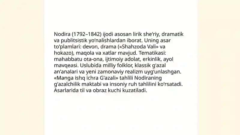 Nodira hayoti va ijodi. Manga ishq ichra G'azali tahlili 4
