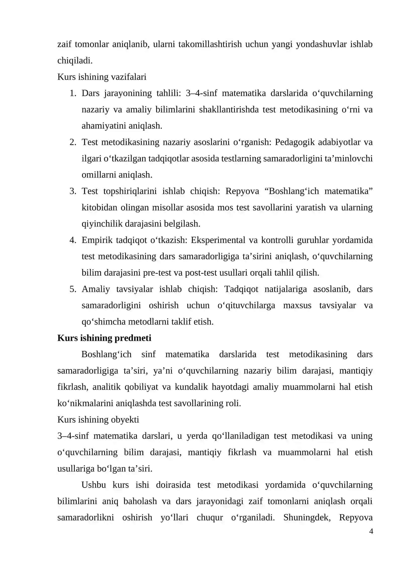 BOSHLANG‘ICH SINF MATEMATIKA DARSLARI SAMARADORLIGINI TESTLAR ORQALI RIVOJLANTIRISH 4