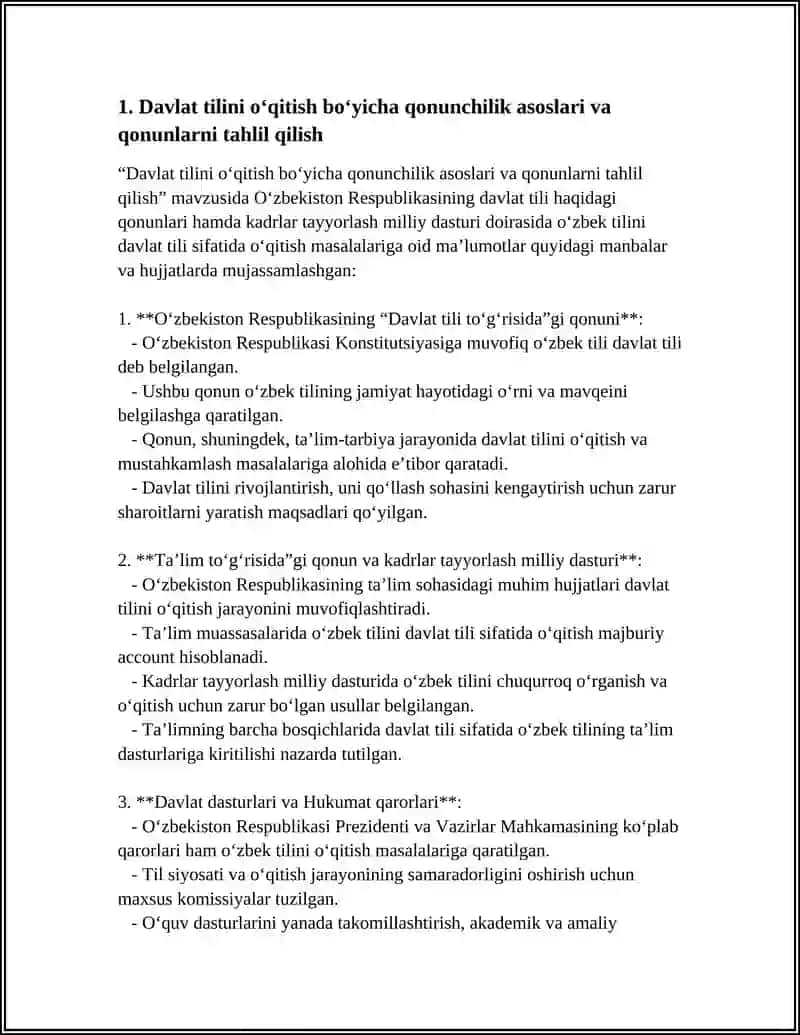 OʻZBEKISTON RESPUBLIKASINING "DAVLAT TILI HAQIDAGI QONUNLARI HAMDA KADRLAR TAYYORLASH MILLIY DASTURI" KABI DAVLAT HUJJATLARIDA OʻZBEK TILINI DAVLAT TILI SIFATIDA OʻQITISH MASALALARI BOʻYICHA MAʼLUMOT TOPLASH 4