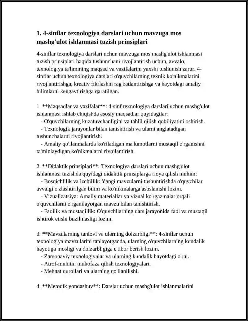 4-sinflar Texnologiya Darslari Mashg'ulot Ishlanmasi 4