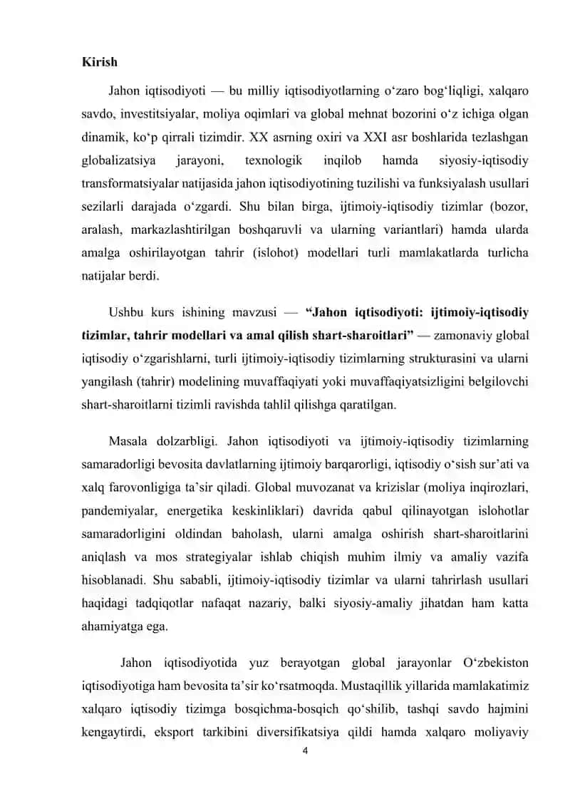 Jahon iqtisodiyoti ijtimoiy-iqtisodiy tizimlar, ularning modellari va amal qilish shart sharoitlari 4