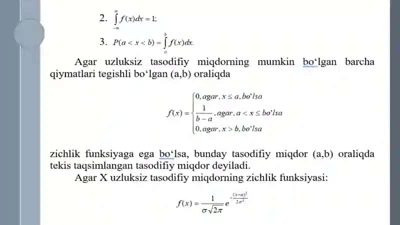 Uzluksiz tasodifiy miqdorlar. Ehtimollar taqsimotining zichlik funksiyasi 4
