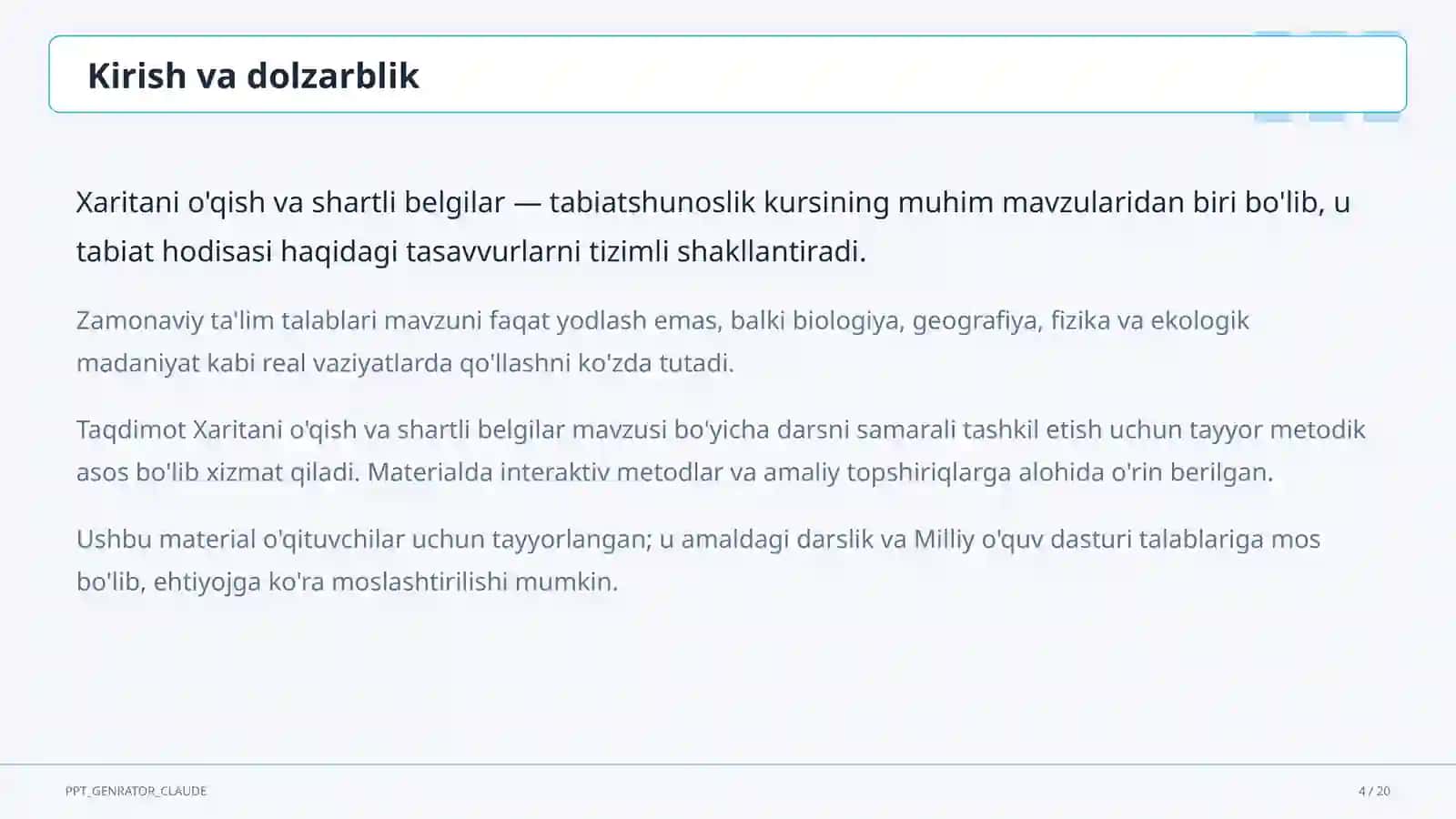 Xaritani o'qish va shartli belgilar (4-sinf) 4