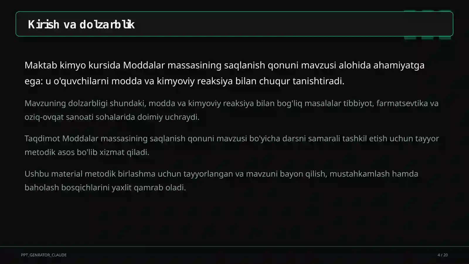 Moddalar massasining saqlanish qonuni (7-sinf) Kimyo (7–11) — metodik birlashma uchun 4