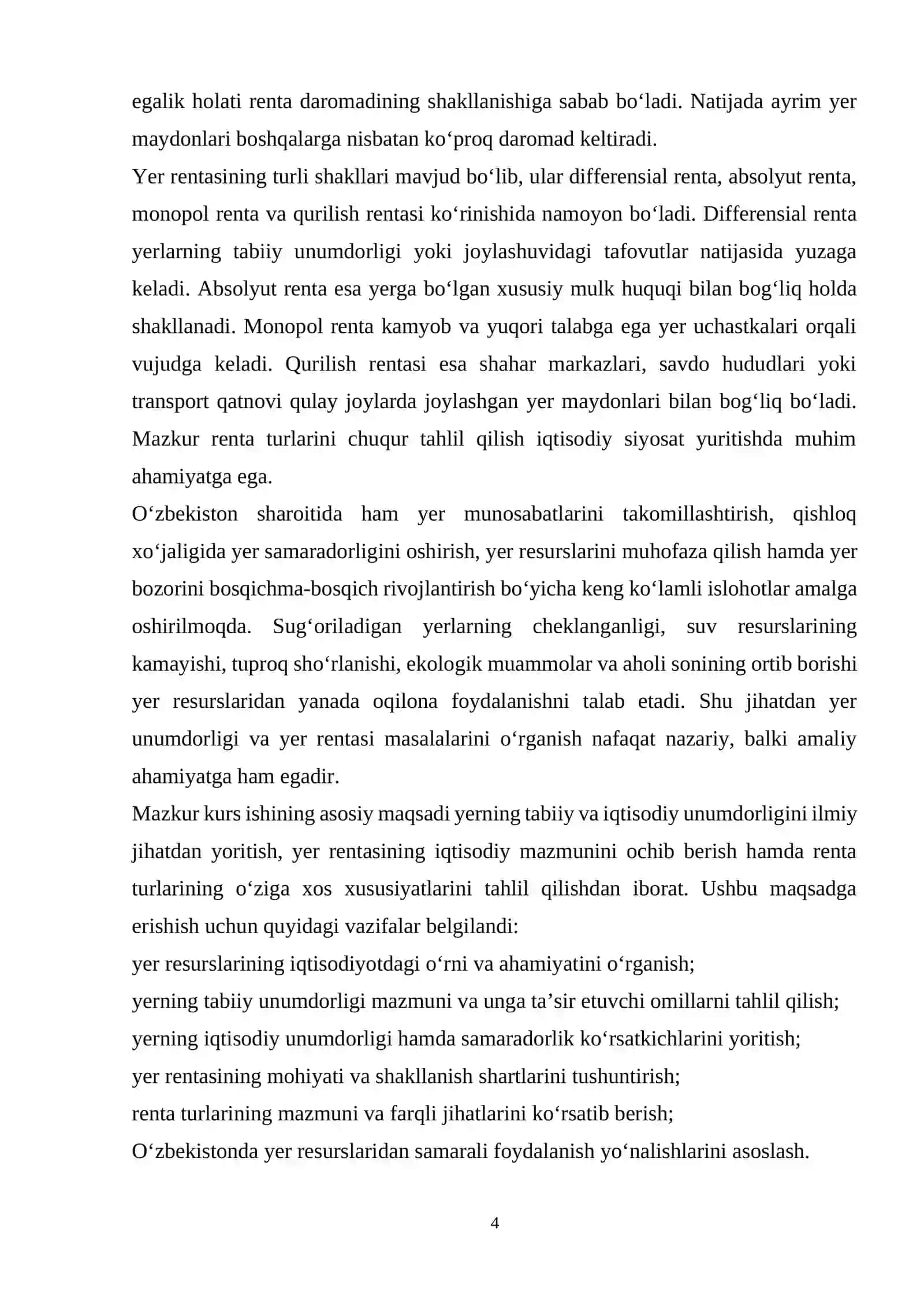 Yerning tabiiy va iqtisodiy unumdorligi, yer rentasi va renta turlari 4