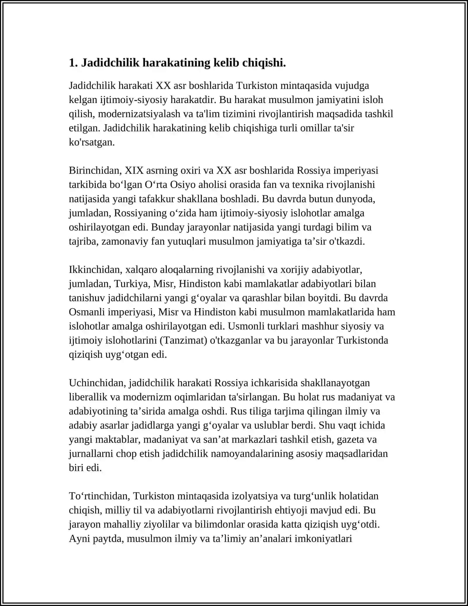 JADID MA'RIFATPARVARLARINING OʻLKA IJTIMOIY-MA'NAVIY HAYOTIDA TUTGAN ÒRNI. (MUNAVVAR QORI, FITRAT, BEHBUDIY, AVLONIY VA BOSHQ.) 4