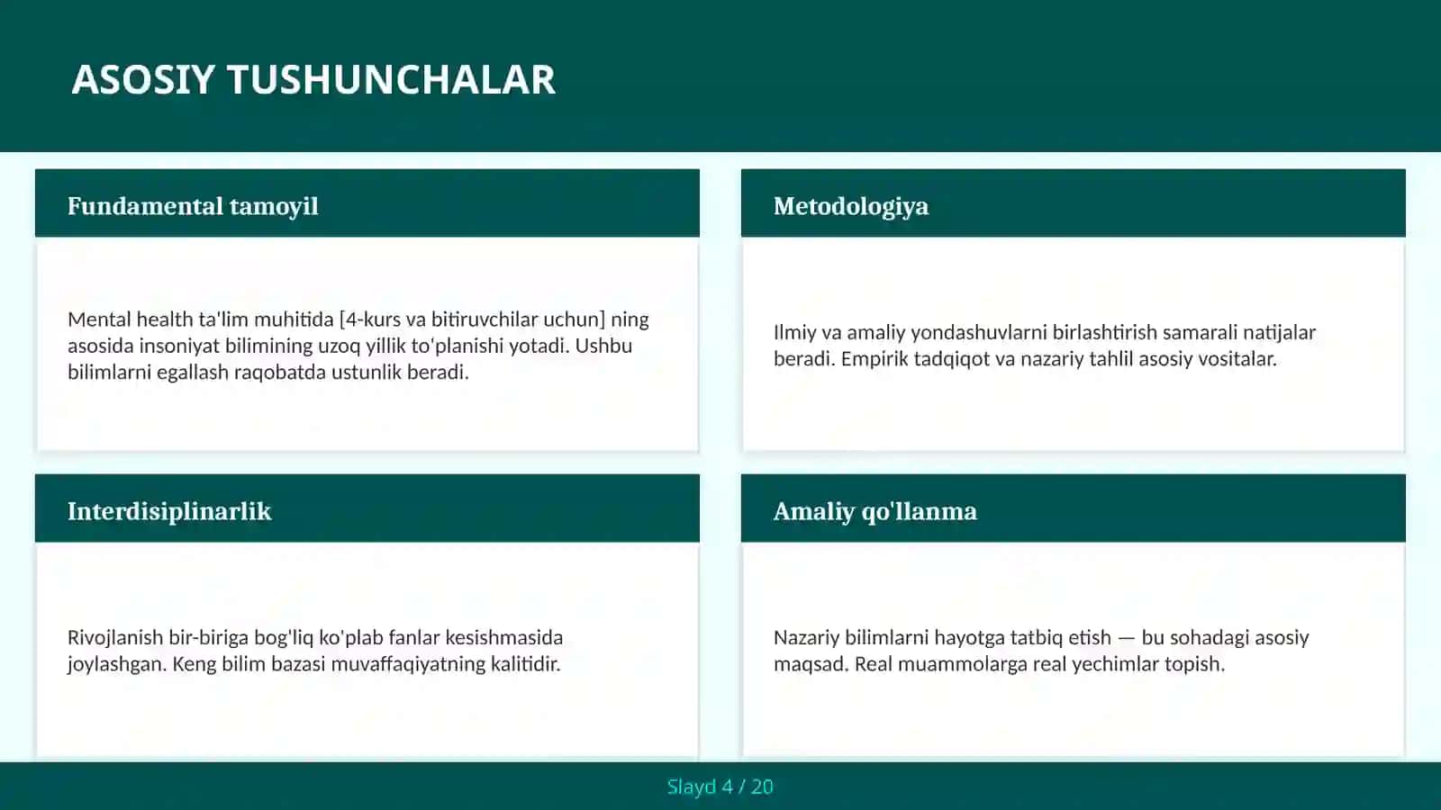 Mental health ta'lim muhitida [4-kurs va bitiruvchilar uchun] 4