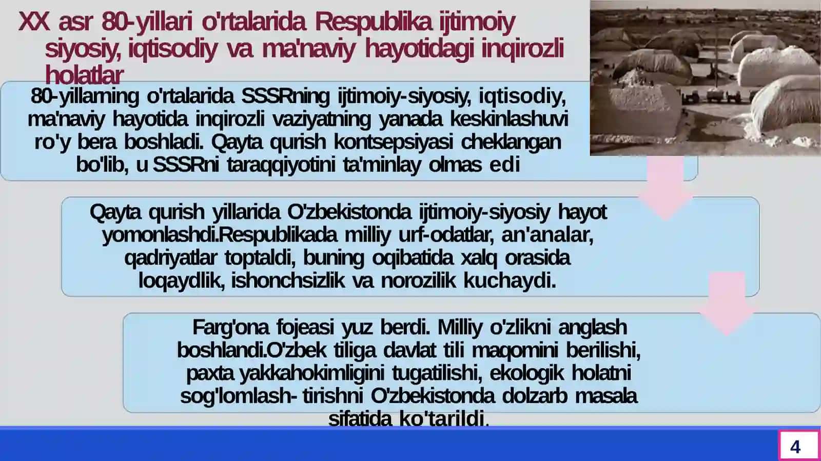 Sovet hokimiyatining qayta qurish siyosati va O’zbekistondagi yangi siyosiy hamda mafkuraviy vaziyatning shakllanishiga ta’siri 4