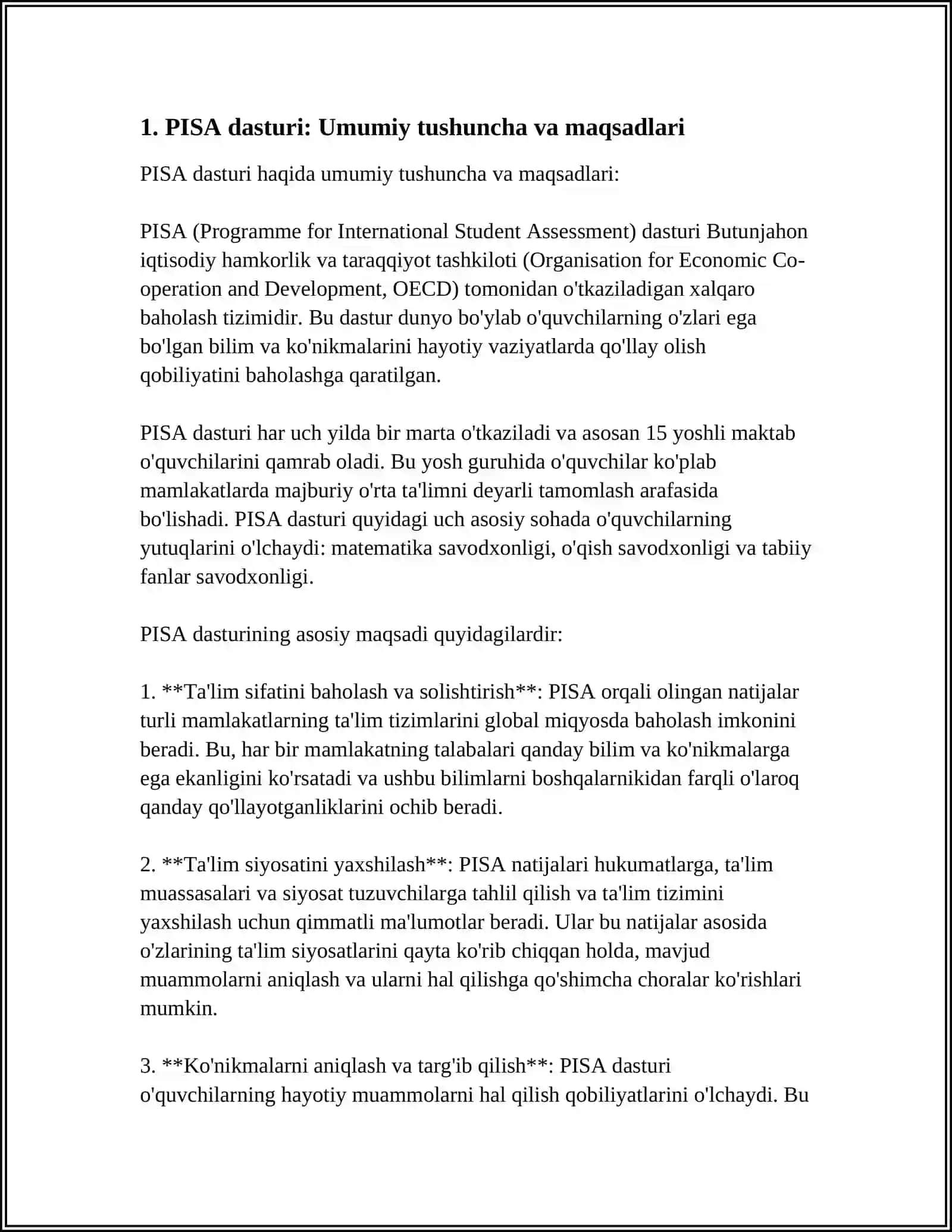 O'QUVCHILARNING MATEMATIK SAVODXONLIK DOIRASIDA AMALIY KO'NIKMALARNI,KREATIVLIKNI BAHOLASH VA RIVOJLANTIRISH. PISA XALQARO DASTURI MISOLIDA 4