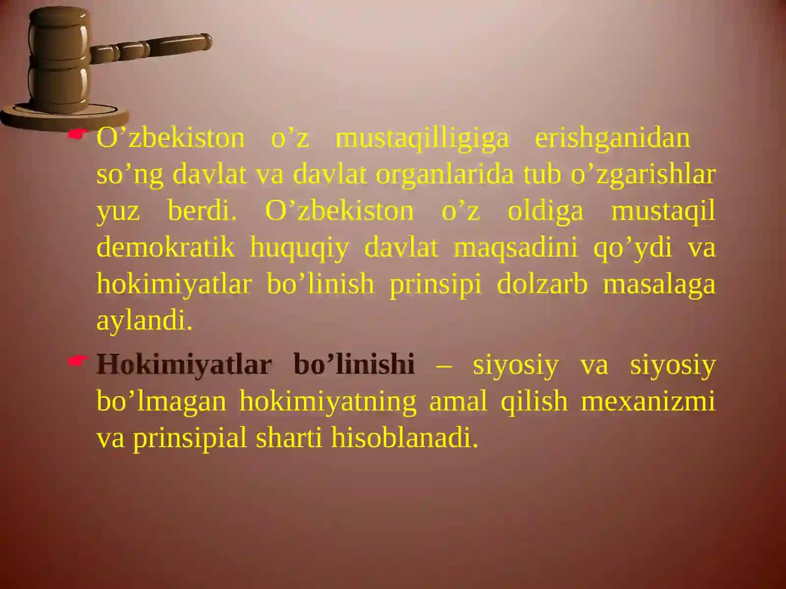 O’zbekiston Respublikasida davlat hokimiyati: Oliy Majlis, Vazirlar Mahkamasi va Sud hokimiyatining faoliyati 4