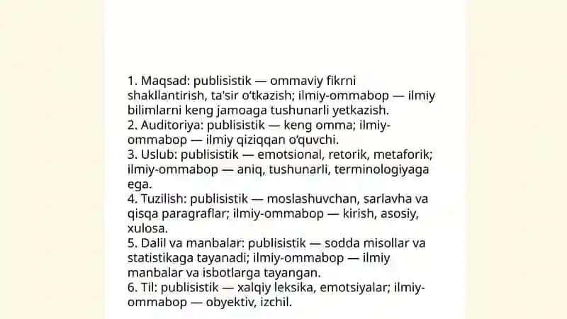 Publisistik uslub. Publisistik uslub va uning leksik-grammatik xususiyatlari. Ilmiy-ommabop maqolalar 4