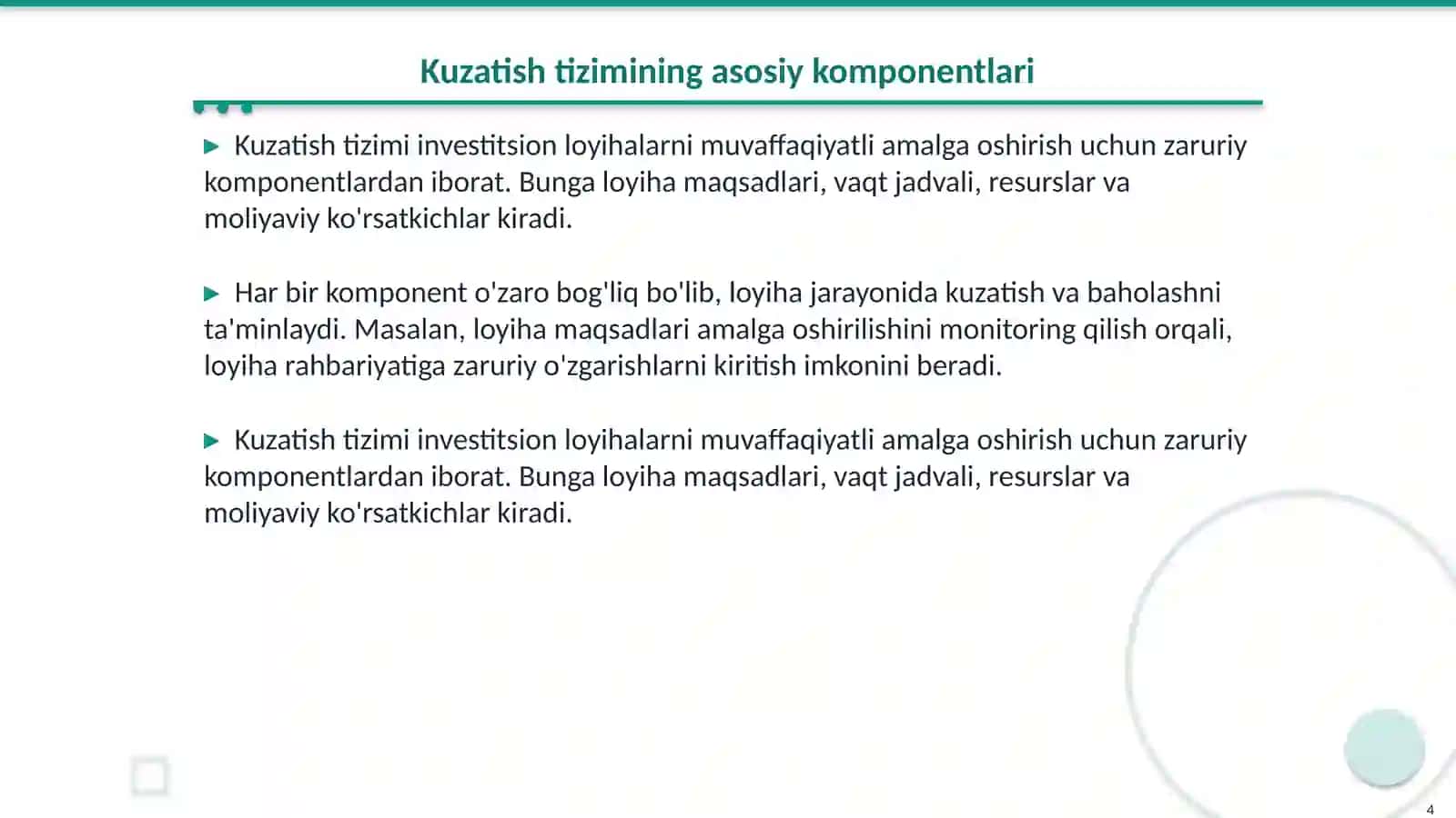 Investitsion loyihalarni kuzatish va baholash tizimini òrganish 4