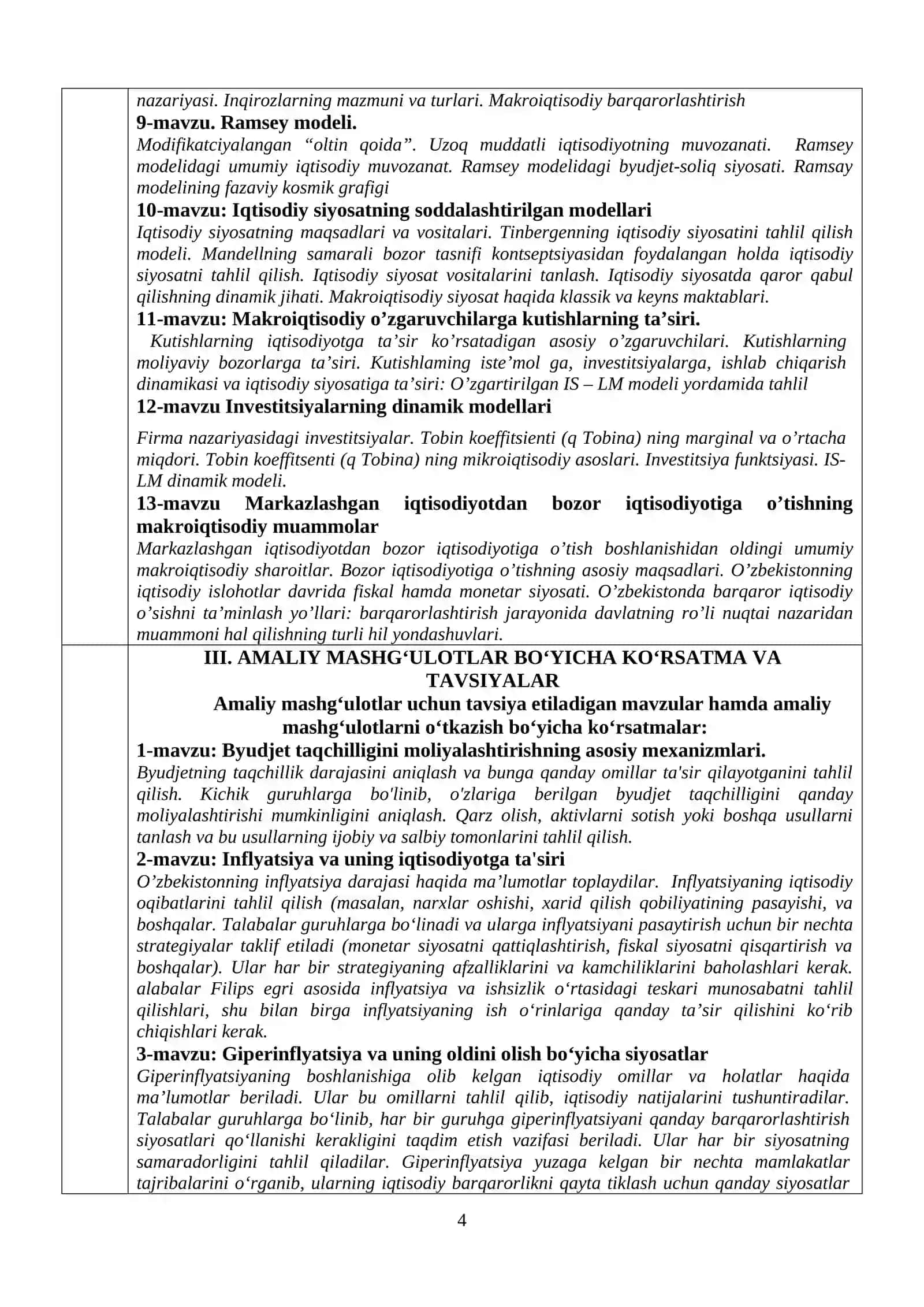 DINAMIK MAKROIQTISODIYOT FANINING O’QUV DASTURI 4