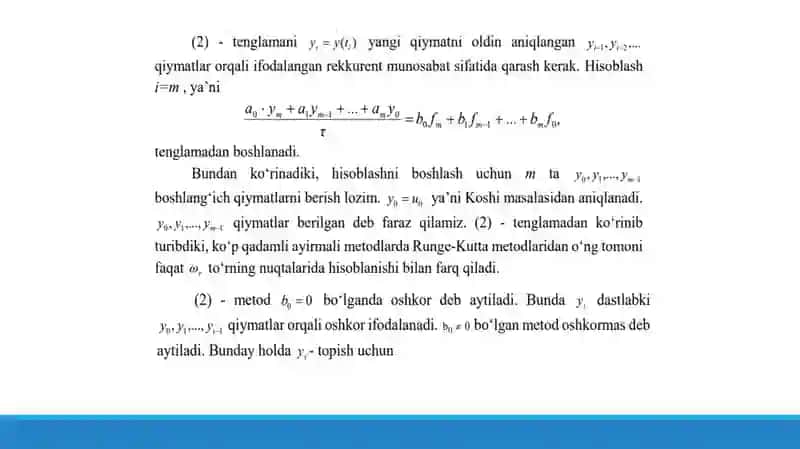 Oddiy differensial tenglamalar uchun qo‘yilgan Koshi masalasini taqribiy yechishda ko‘p qadamli metod 4