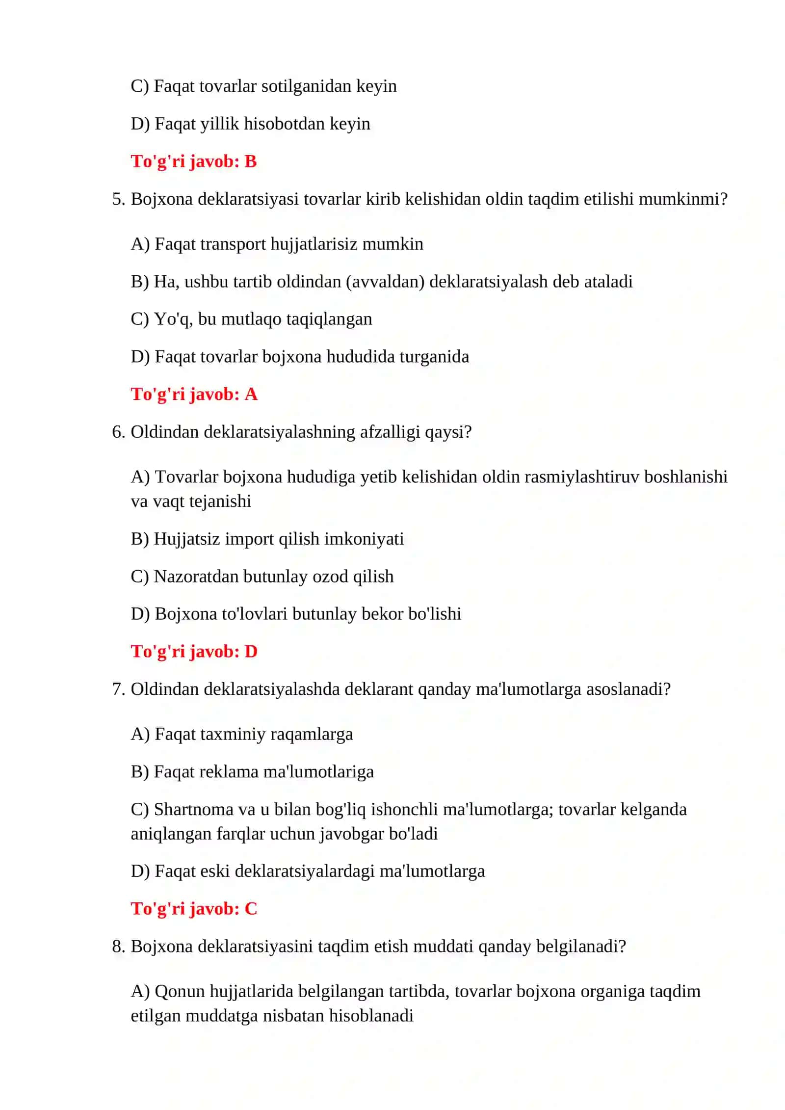 BOJXONA TESTLARI 4