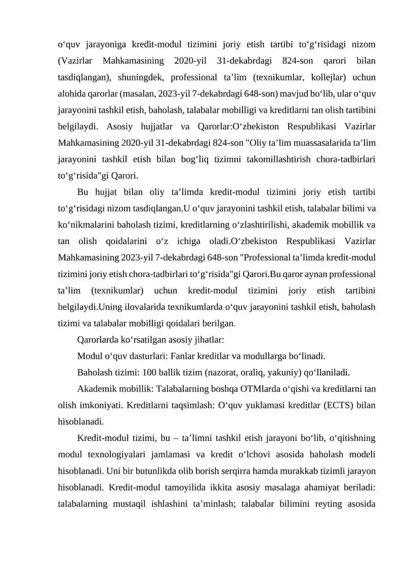 OLIY TAʼLIMDA KREDIT-MODUL TIZIMINI JORIY ETISHGA OID HUJJATLAR 4