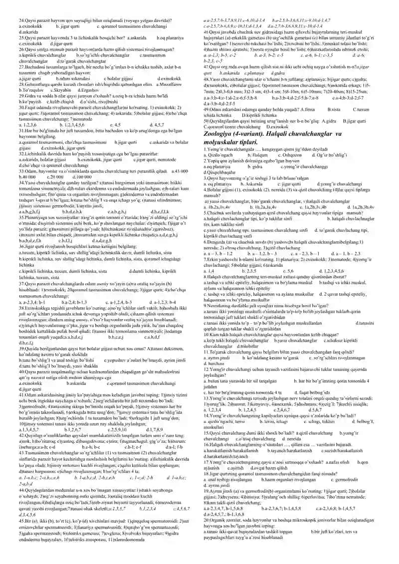 Zoologiya darsligi asosida mavzulashtirilgan testlar to’plami 4